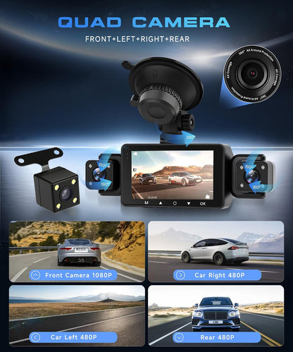 4 Channel Dash Cam for Car, 360° 1080P Dash Cam with 64G SD Card