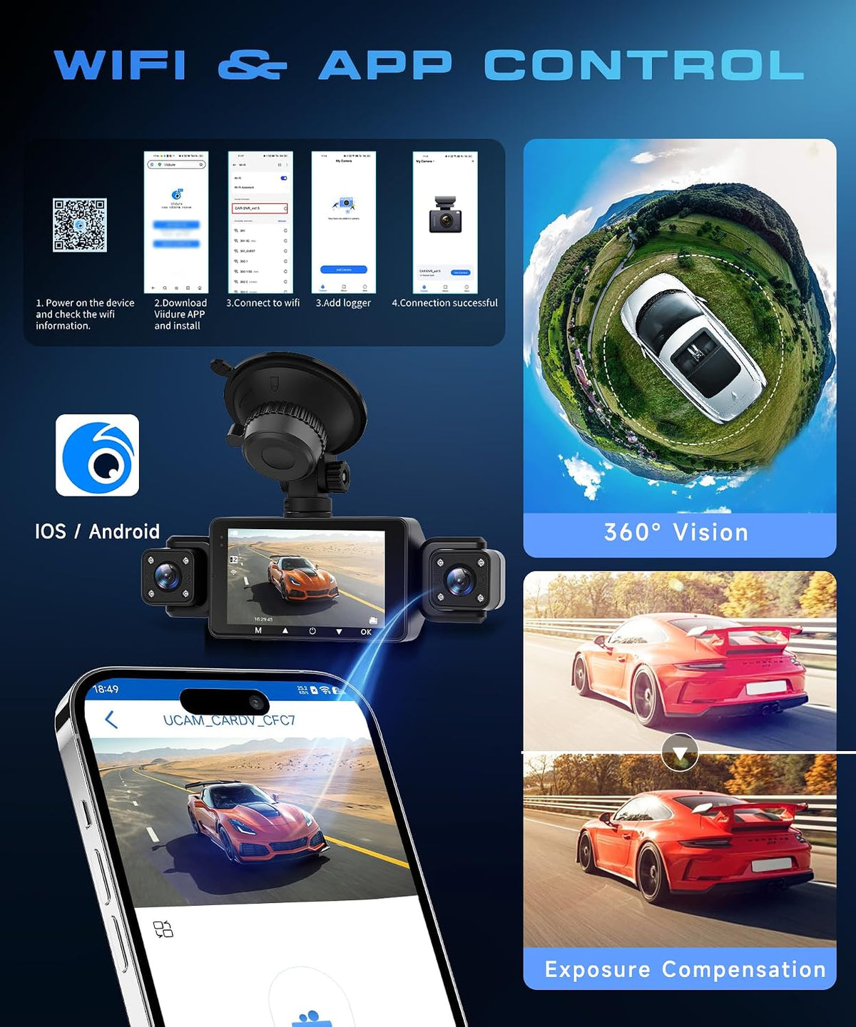 4 Channel Dash Cam for Car, 360° 1080P Dash Cam with 64G SD Card