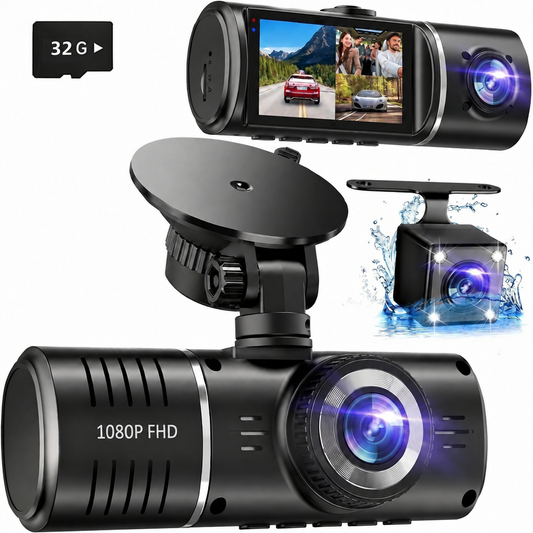 J-06 dash cam with front, cabin and rear cameras and 32GB memory card